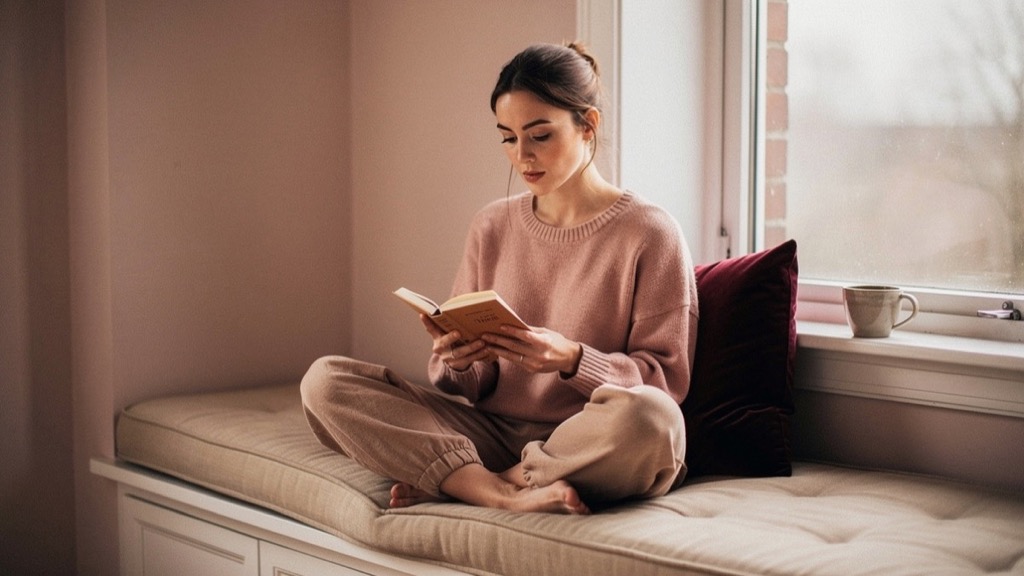 Eine junge Frau im rosa Strickpullover sitzt barfuß im Schneidersitz auf einer gepolsterten Fensterbank und liest ein Buch, neben ihr ein dunkelrotes Kissen und eine Tasse auf dem Fensterbrett, weiches graues Tageslicht