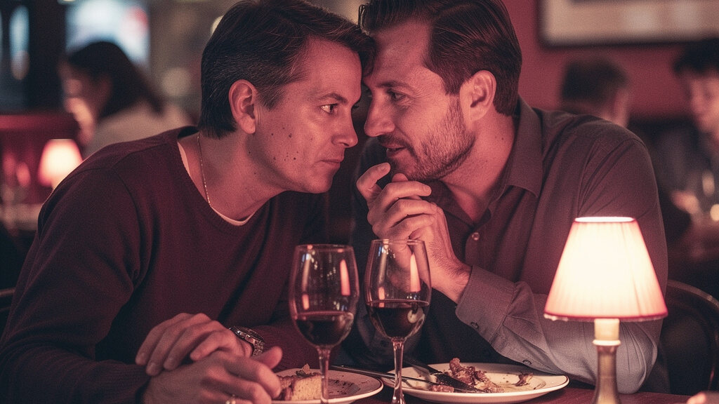 Ein Paar sitzt eng an einem Restauranttisch und ist im Gespräch vertieft