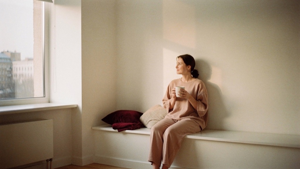 A woman in her mid-thirties sits alone on the wide windowsill of a bright, almost empty flat, holding a mug in both hands, soft morning light