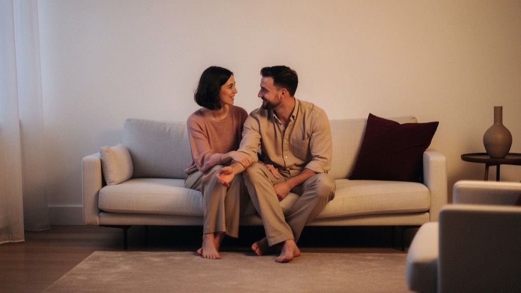 Ein Paar sitzt barfuß dicht nebeneinander auf einem hellen Sofa in einem ruhigen Wohnzimmer, beide lächeln sich an, er erzählt mit einer offenen Handbewegung, daneben ein dunkelrotes Kissen und eine Vase auf einem Beistelltisch, gedämpftes Abendlicht