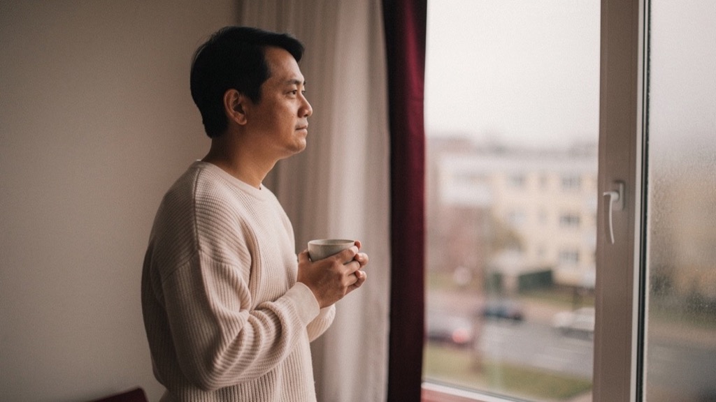 Eine Frau sitzt allein am Fenster eines hellen Cafés, ihr Handy liegt umgedreht neben einer halbvollen Tasse, ruhiges Vormittagslicht