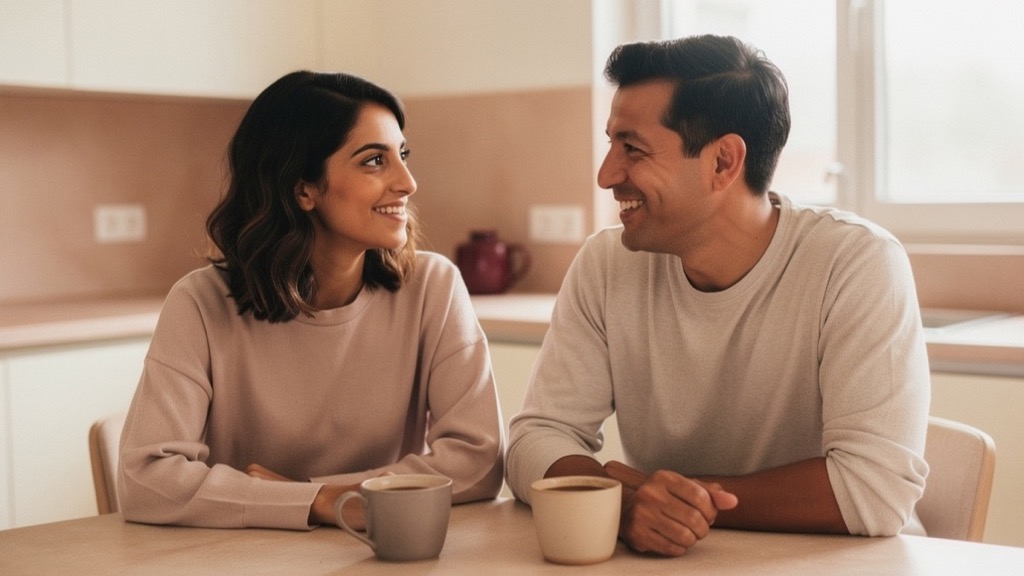 Eine Frau und ein Mann in hellen Pullovern sitzen nebeneinander an einem Holztisch in einer hellen Küche, vor ihnen zwei Kaffeetassen, sie schauen sich lachend an, im Hintergrund eine dunkelrote Kanne und ein Fenster mit weichem Tageslicht