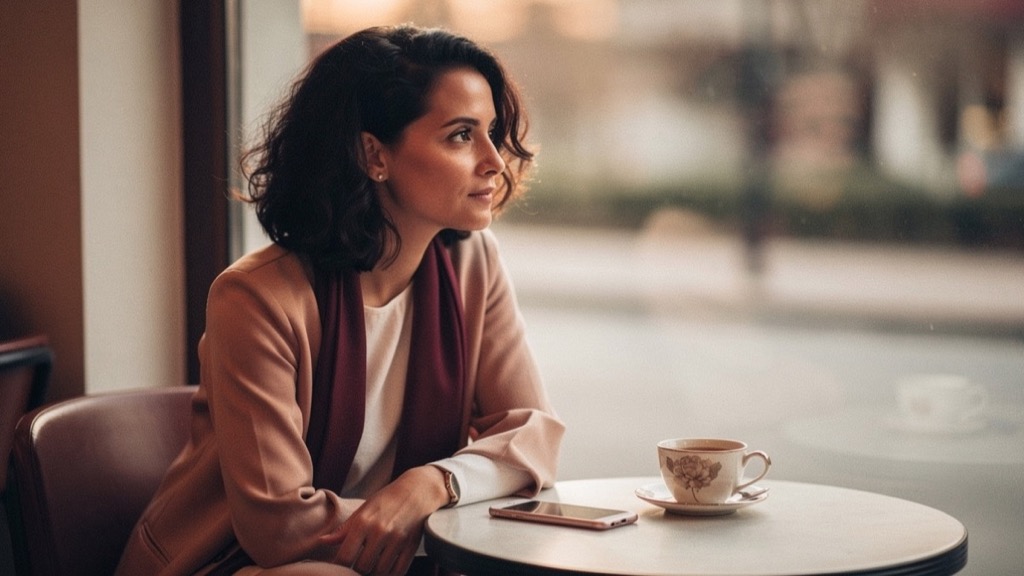 A woman in her early thirties sits alone at a bright kitchen table, her phone face down next to a cup of tea, soft morning light coming through a large window, plenty of empty space around her