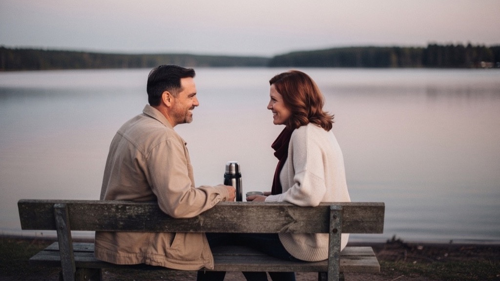 A man in a beige jacket and a woman in a cream jumper with a dark red scarf sit on an old wooden bench by a lake, smiling at each other, a thermos flask between them, a wooded shore across the water, pale pink and grey evening light