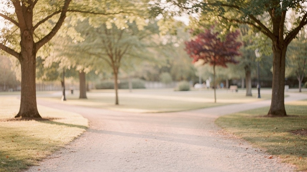 A gravel path in a park splitting in two directions between old trees, a tree with dark red leaves behind it and a few blurred walkers in the distance, warm late-afternoon light