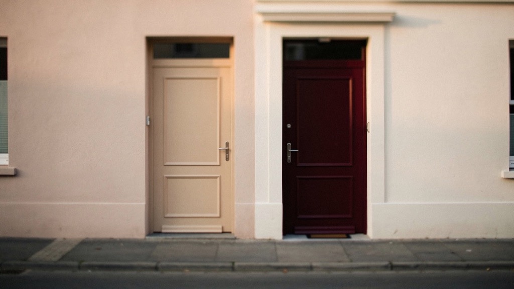 Two front doors side by side in a pale rendered house front, a cream one on the left and a dark red one with a metal handle on the right, an empty pavement in front, warm late-afternoon light