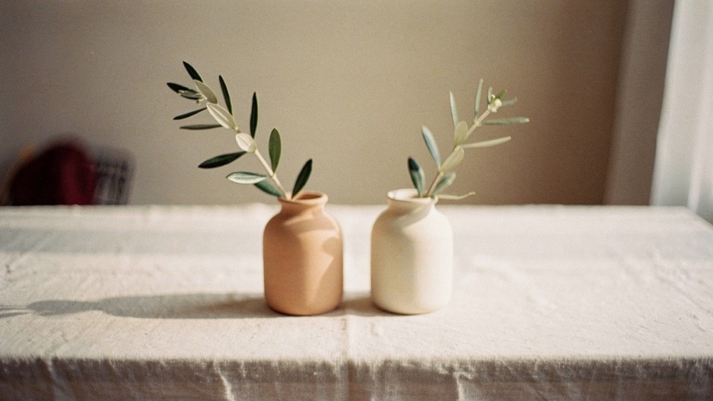 Two small vases on a table covered with pale linen, one terracotta and one white, each holding an olive sprig, soft sunlight from the side, a chair with something dark red blurred in the background