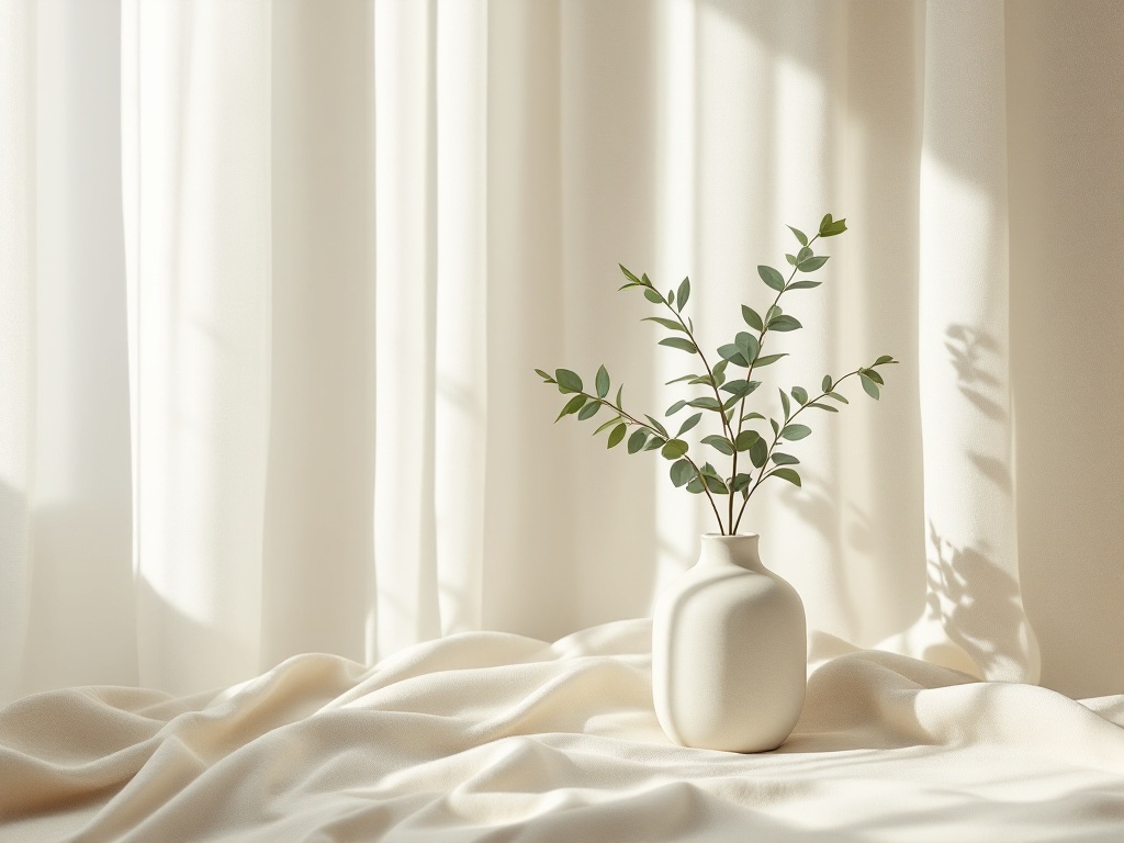 Ruhiges Morgenlicht auf einer Vase mit Eukalyptus